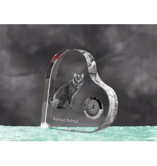 Kurilian bobtail - crystal clock with a picture of a cat, heart-shaped shelf clock, personalized standing clock by Art-Dog brand