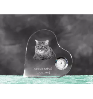 Kurilian bobtail longhaired - crystal clock with a picture of a cat, heart-shaped shelf clock, personalized standing clock by Art-Dog brand