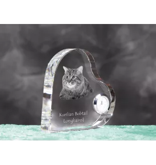 Kurilian bobtail longhaired - crystal clock with a picture of a cat, heart-shaped shelf clock, personalized standing clock by Art-Dog brand