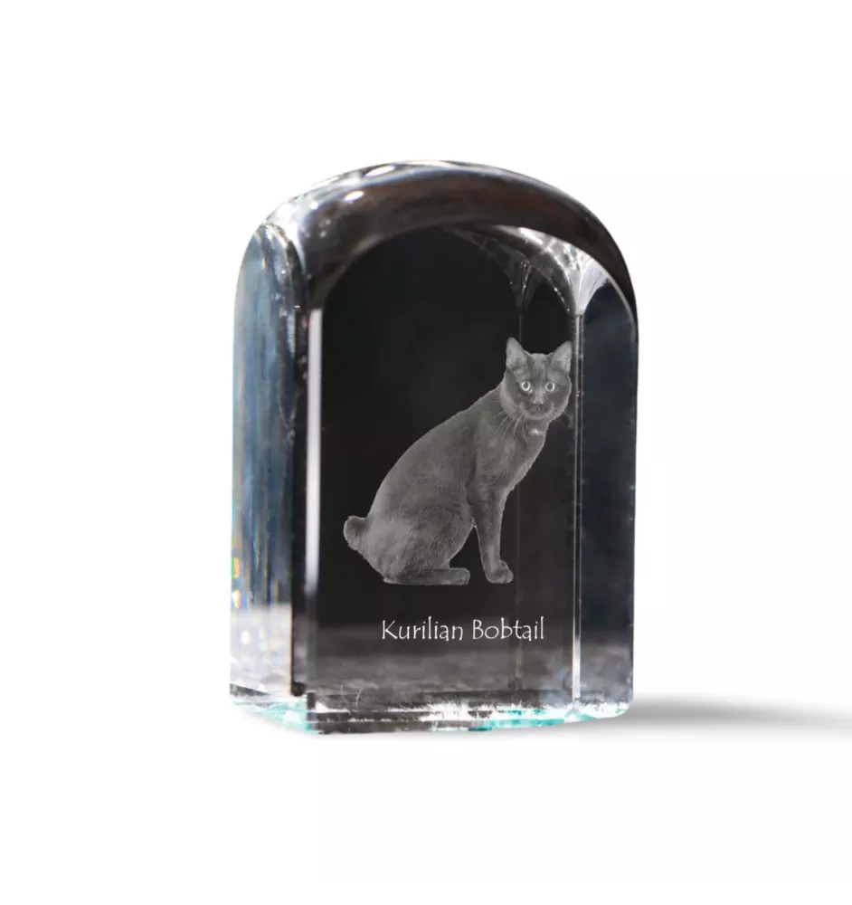 Kurilian bobtail - crystal cube with a photo, photo of a cat in crystal, cubic paperweight from Art-Dog brand