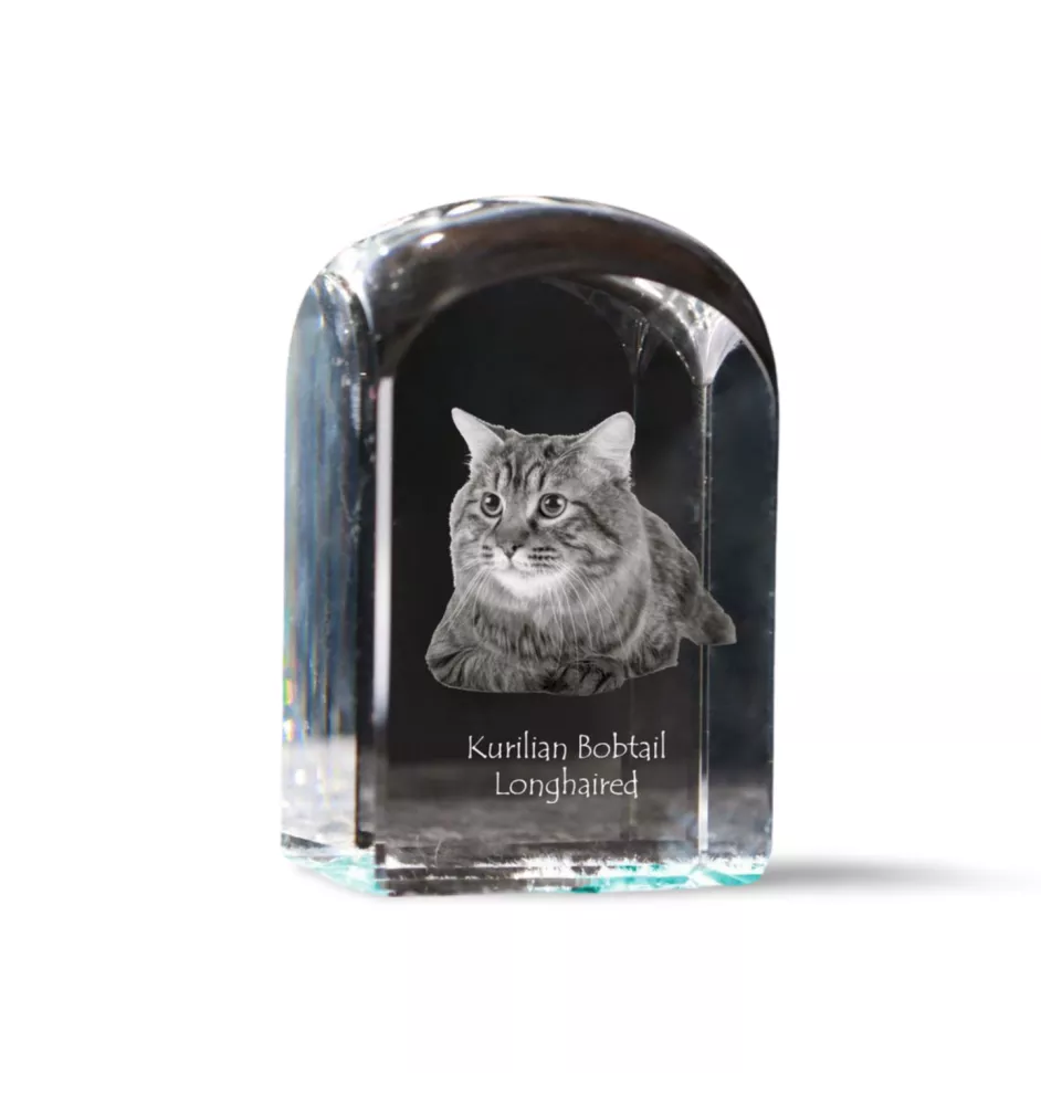 Kurilian bobtail longhaired - crystal cube with a photo, photo of a cat in crystal, cubic paperweight from Art-Dog brand