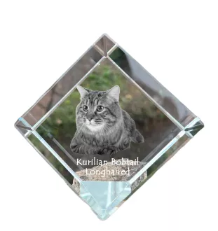 Kurilian bobtail longhaired - crystal cube with a picture of a cat, crystal with a picture of a horse, cubic paperweight by Art-Dog brand