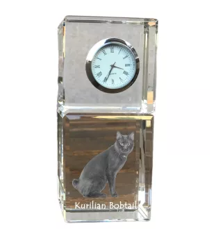 Kurilian bobtail - crystal clock with a photo, photo of a cat in crystal, personalized desk clock by Art-Dog brand