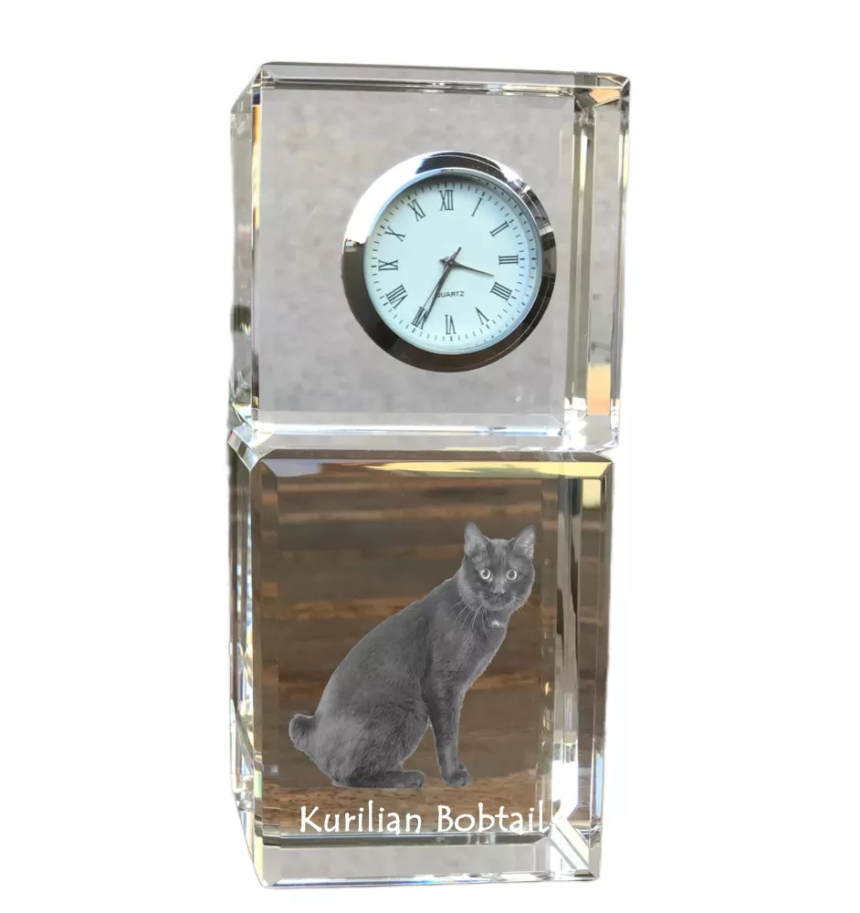 Kurilian bobtail - crystal clock with a photo, photo of a cat in crystal, personalized desk clock by Art-Dog brand