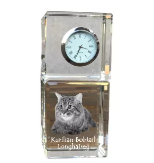Kurilian bobtail longhaired - crystal clock with a photo, photo of a cat in crystal, personalized desk clock by Art-Dog brand
