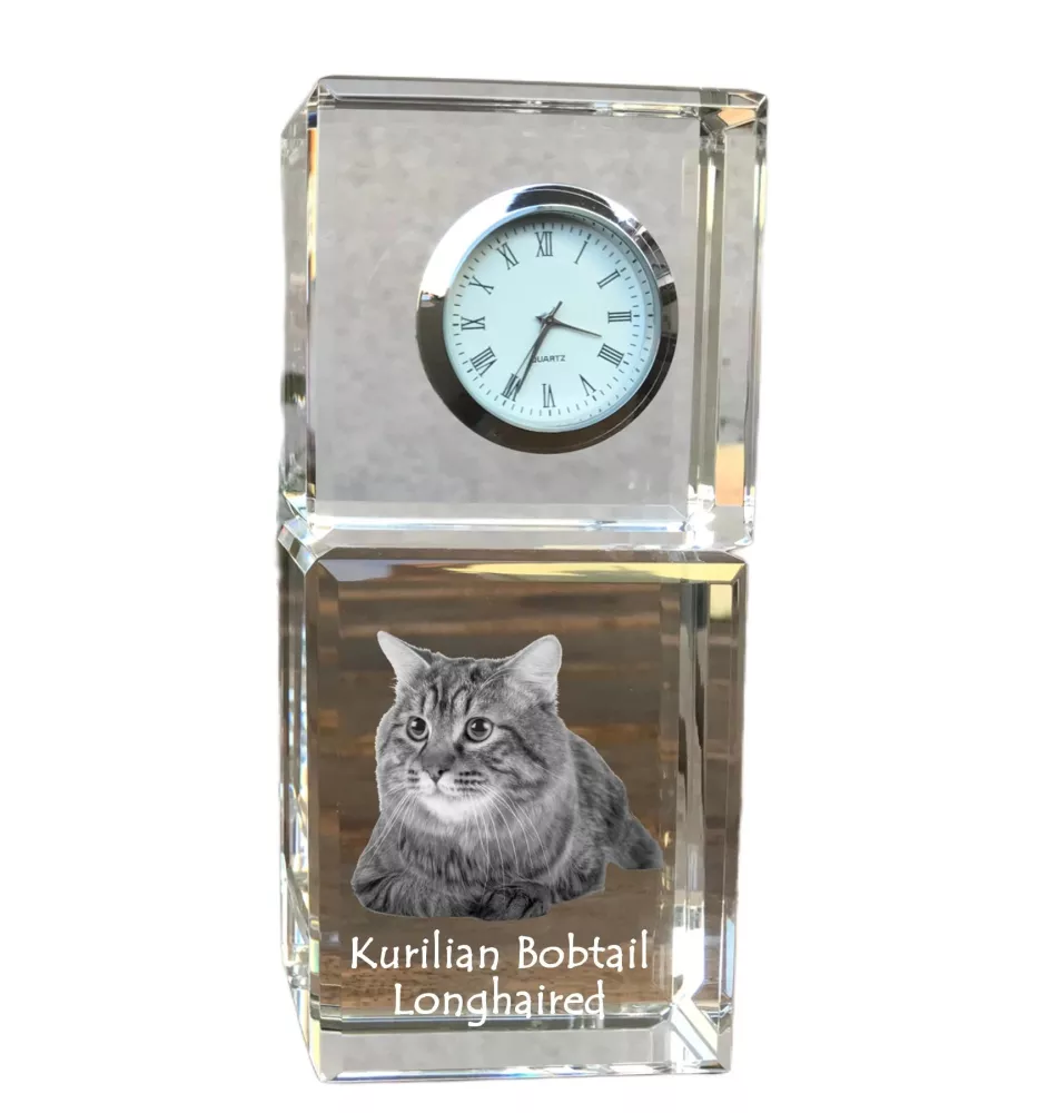 Kurilian bobtail à poil long - montre en cristal avec photo, photo de chat dans le cristal, horloge de bureau personnalisée de la marque Art-Dog