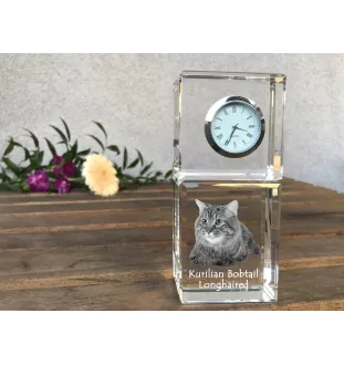 Kurilian bobtail longhaired - crystal clock with a photo, photo of a cat in crystal, personalized desk clock by Art-Dog brand