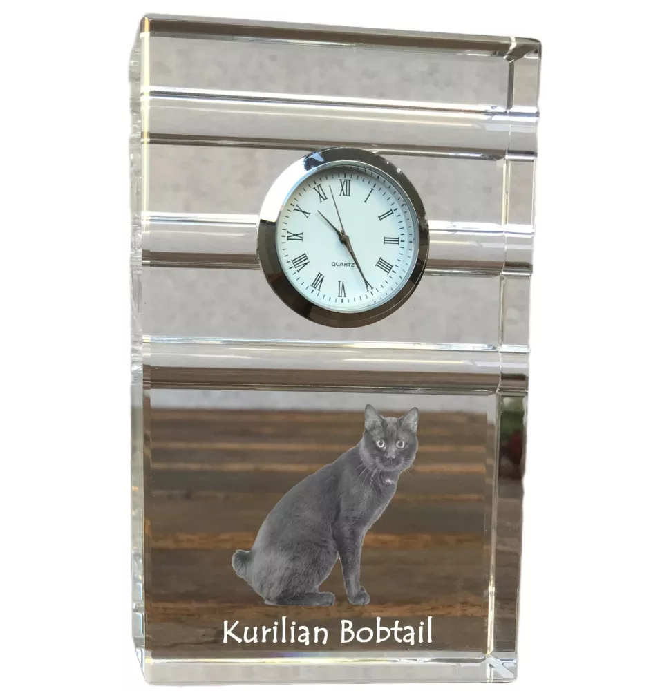 Kurilian bobtail - glass clock with a photo, photo of a cat in crystal, personalized standing office clock by Art-Dog brand