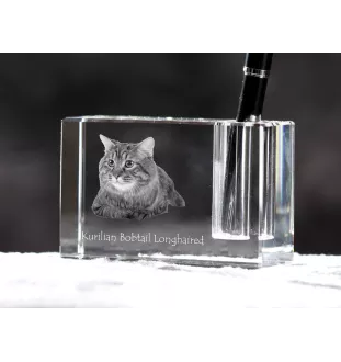 Kurilian bobtail longhaired - Pen stand, crystal organiser with cat photo, unique desk decoration by Art-Dog brand