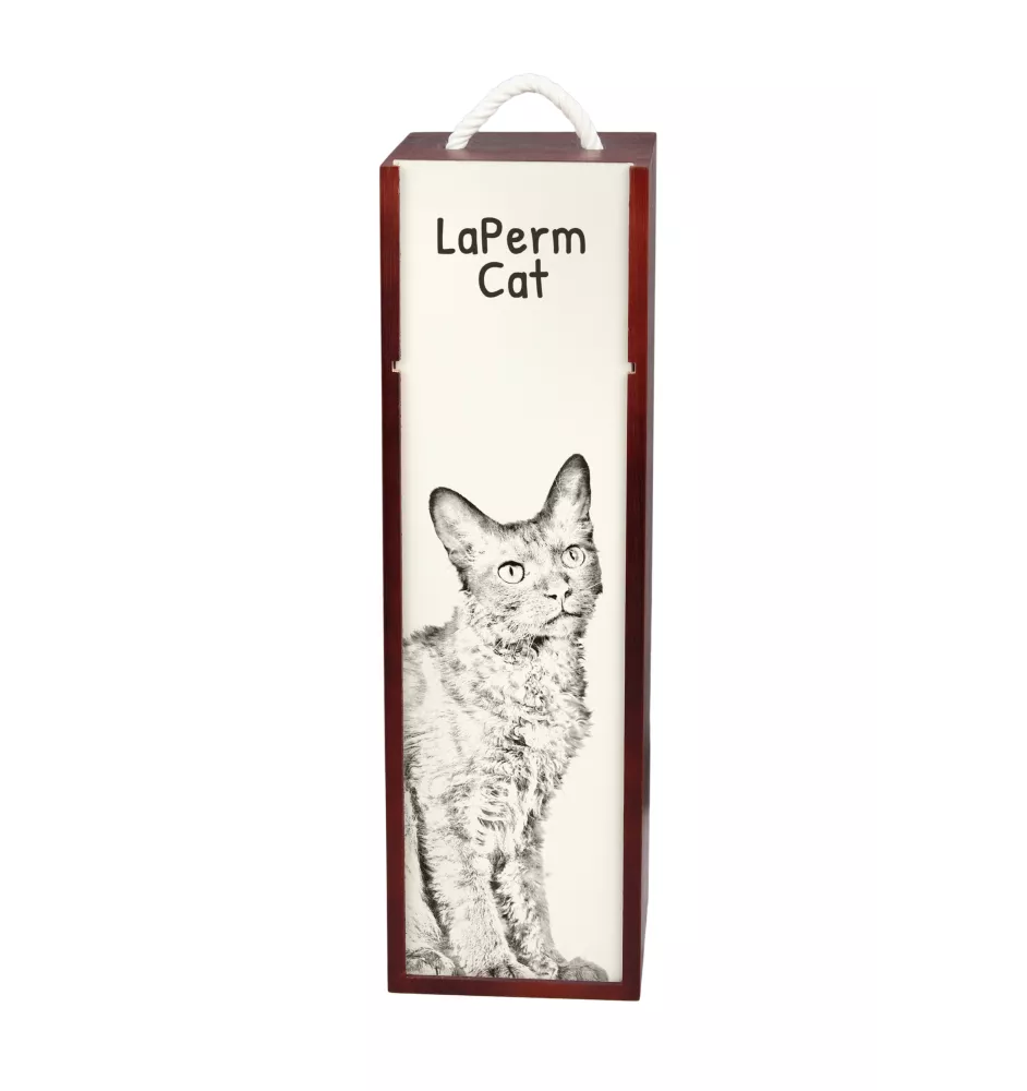 LaPerm Cat - wine box with a cat, alcohol box with graphics, personalized gift box from the Art-Dog brand