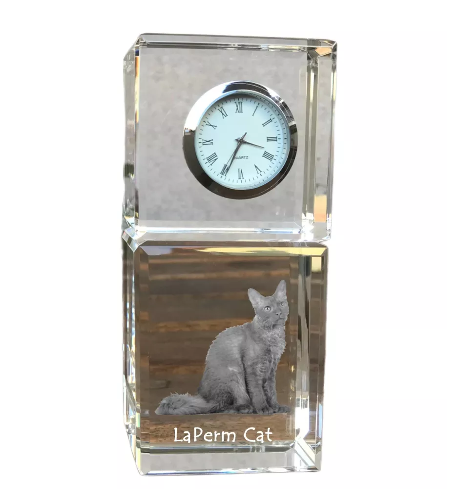 Chat LaPerm - montre en cristal avec photo, photo de chat dans le cristal, horloge de bureau personnalisée de la marque Art-Dog