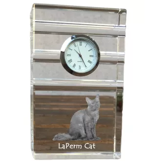 Chat LaPerm - une horloge en verre avec une photo, une photo de chat dans un cristal, une horloge de bureau personnalisée de la marque Art-Dog