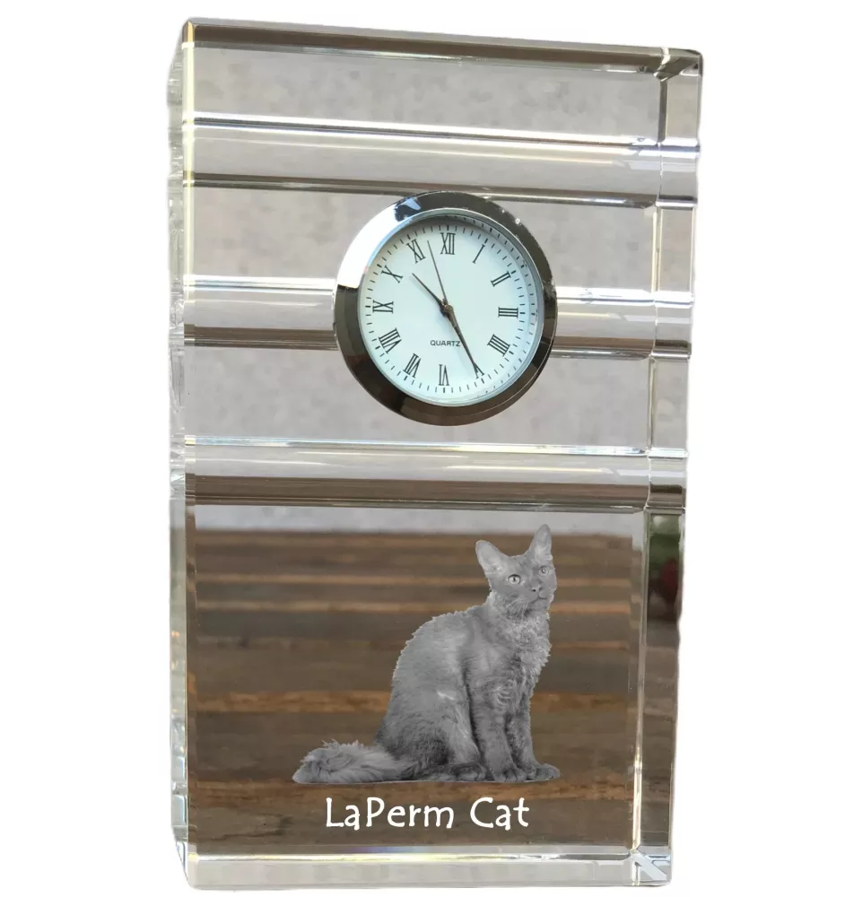 Chat LaPerm - une horloge en verre avec une photo, une photo de chat dans un cristal, une horloge de bureau personnalisée de la marque Art-Dog