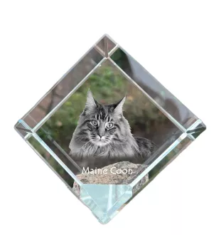 Maine Coon - crystal cube with a picture of a cat, crystal with a picture of a horse, cubic paperweight by Art-Dog brand