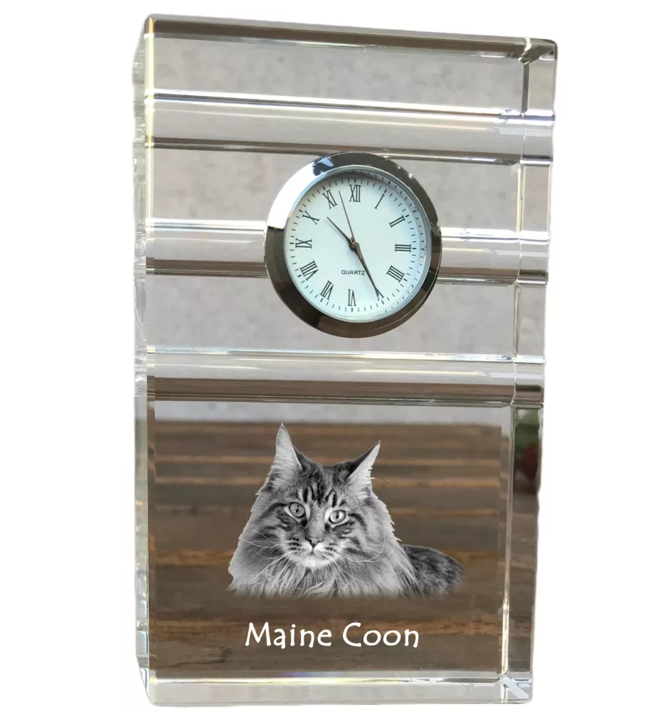 Maine Coon - Glasuhr mit Foto, Katzenfoto im Kristall, personalisierte Standuhr für das Büro der Marke Art-Dog