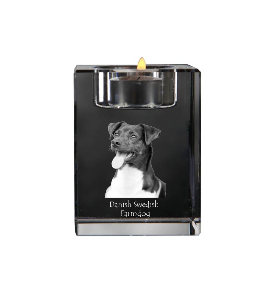 Chien de ferme dano-suédois, Dansk-svensk gårdshund - Bougeoir avec photo de chien, porte bougie en cristal, cadeau personnalisé par la marque Art-Dog