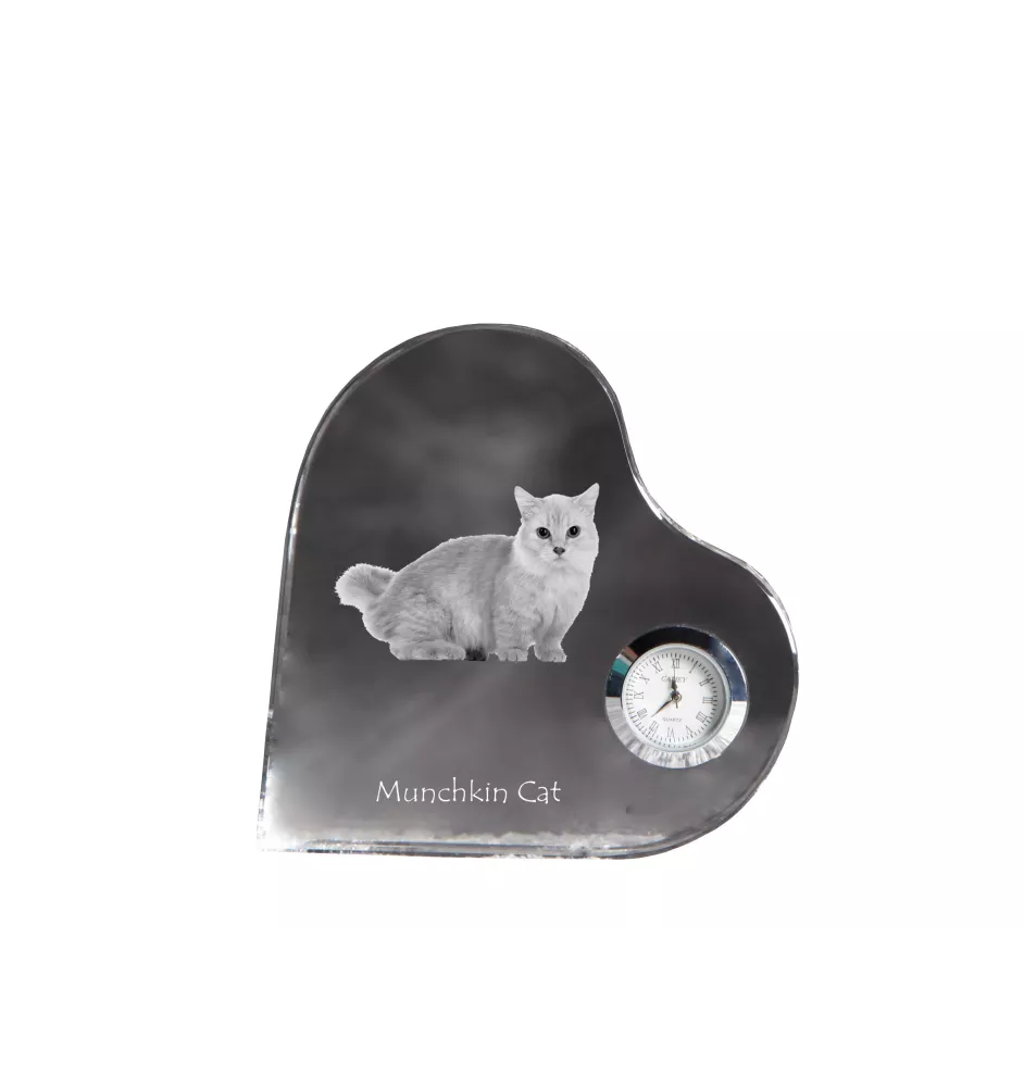 Munchkin Cat - crystal clock with a picture of a cat, heart-shaped shelf clock, personalized standing clock by Art-Dog brand