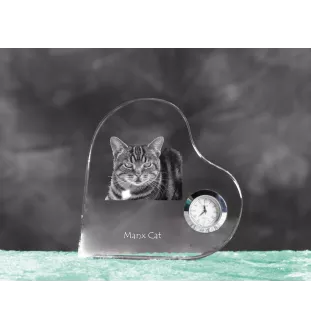Manx Cat - crystal clock with a picture of a cat, heart-shaped shelf clock, personalized standing clock by Art-Dog brand