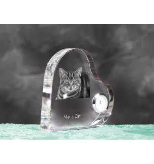 Manx Cat - crystal clock with a picture of a cat, heart-shaped shelf clock, personalized standing clock by Art-Dog brand