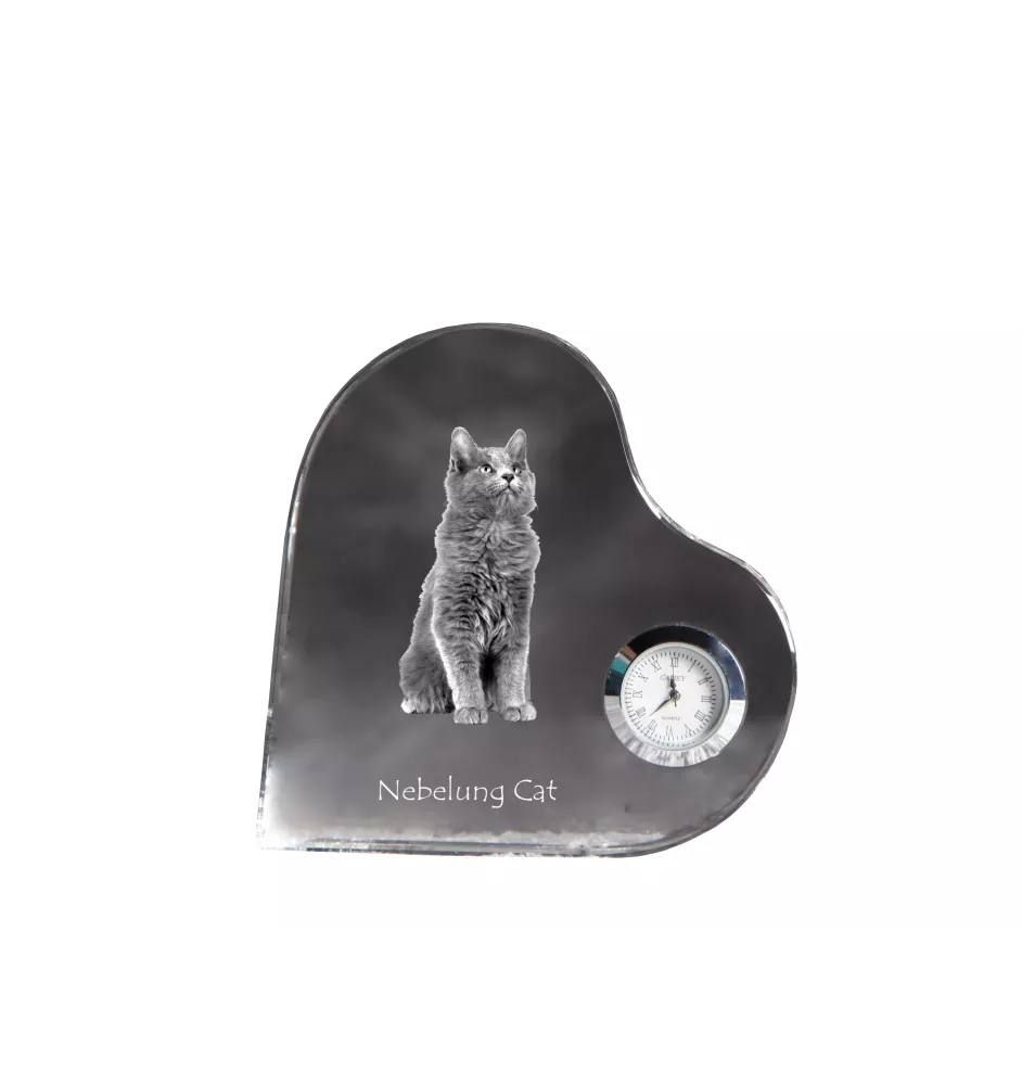 Nebelung Cat - crystal clock with a picture of a cat, heart-shaped shelf clock, personalized standing clock by Art-Dog brand