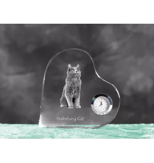 Nebelung Cat - crystal clock with a picture of a cat, heart-shaped shelf clock, personalized standing clock by Art-Dog brand