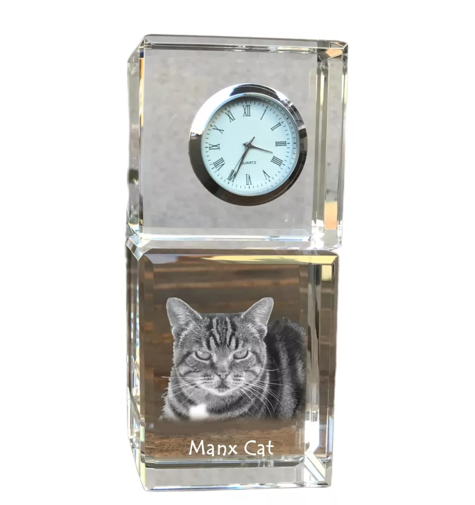 Manx Cat - crystal clock with a photo, photo of a cat in crystal, personalized desk clock by Art-Dog brand