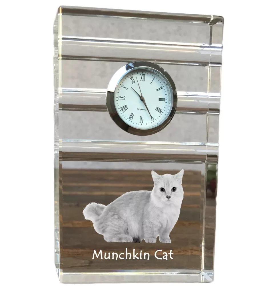 Munchkin Katze - Glasuhr mit Foto, Katzenfoto im Kristall, personalisierte Standuhr für das Büro der Marke Art-Dog