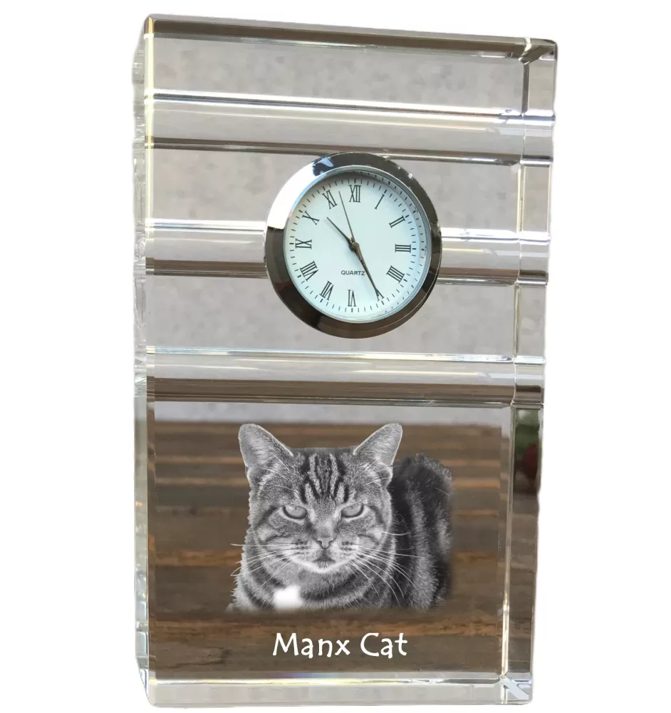 Manx Cat - glass clock with a photo, photo of a cat in crystal, personalized standing office clock by Art-Dog brand