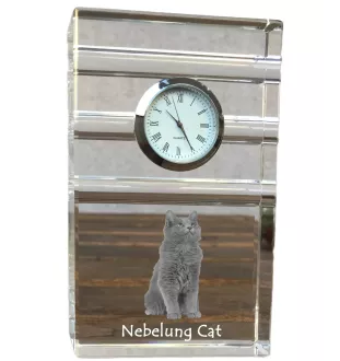 Nebelung Cat - glass clock with a photo, photo of a cat in crystal, personalized standing office clock by Art-Dog brand