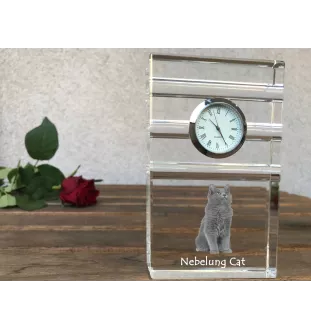 Chat Nebelung - une horloge en verre avec une photo, une photo de chat dans un cristal, une horloge de bureau personnalisée de la marque Art-Dog