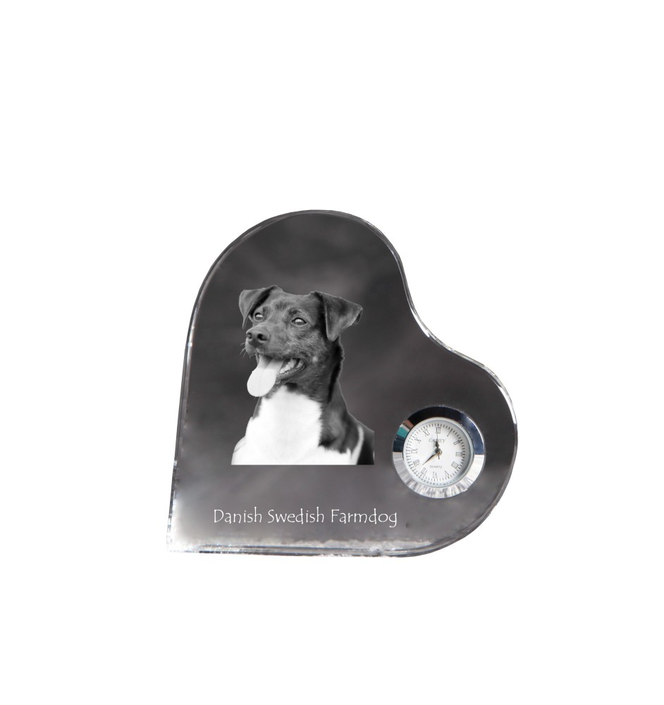 Danish-Swedish Farmdog - crystal clock with a dog picture, heart-shaped shelf clock, personalized standing clock by Art-Dog brand