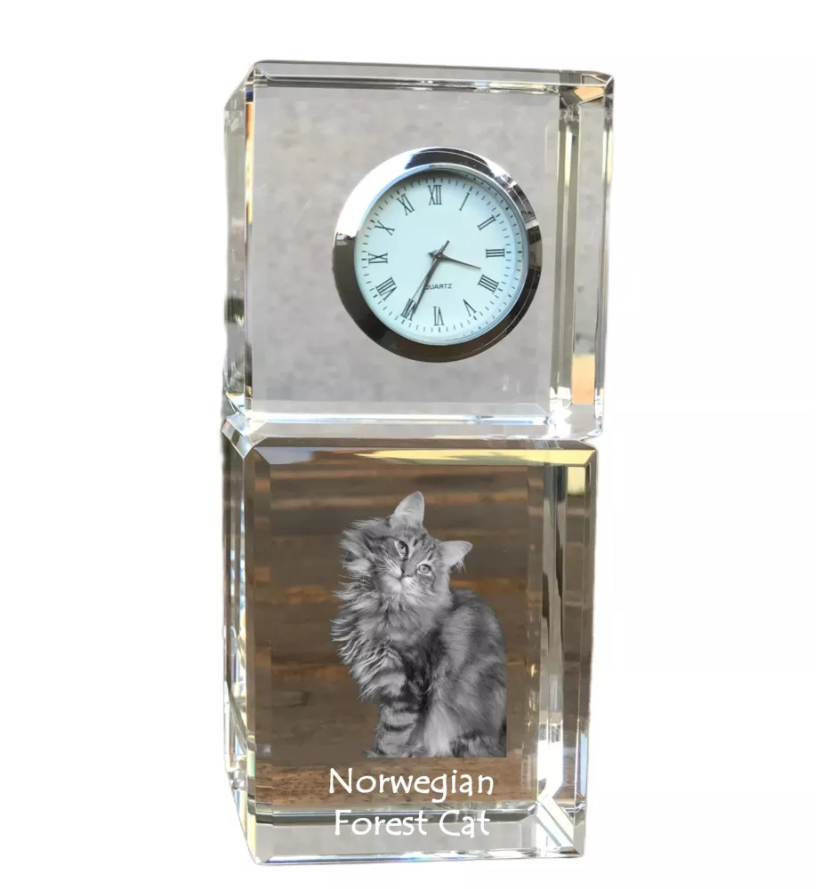 Norwegian Forest Cat - crystal clock with a photo, photo of a cat in crystal, personalized desk clock by Art-Dog brand