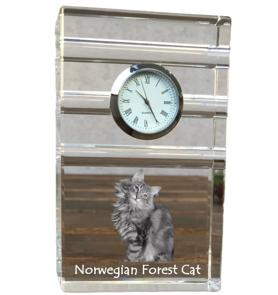 Norwegische Waldkatze - Glasuhr mit Foto, Katzenfoto im Kristall, personalisierte Standuhr für das Büro der Marke Art-Dog