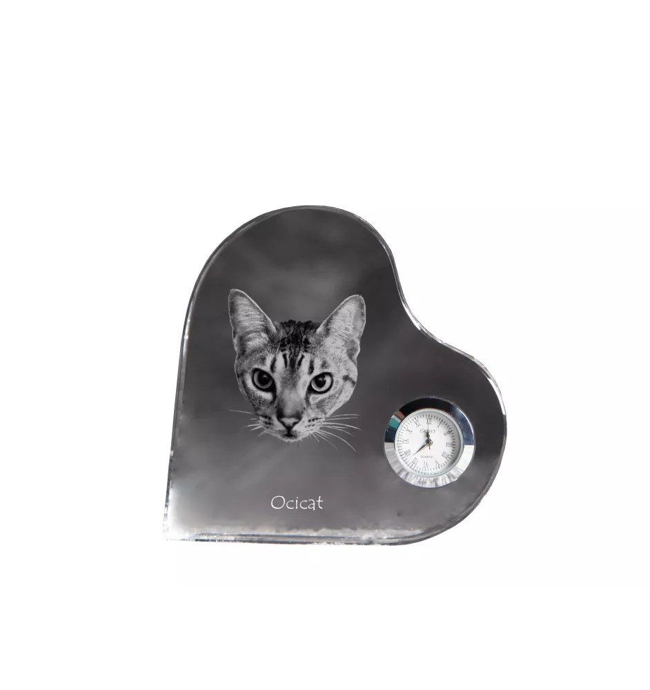 Ocicat - Kristalluhr mit Katzenbild, Herzregal-Uhr, personalisierte Standuhr von Art-Dog.