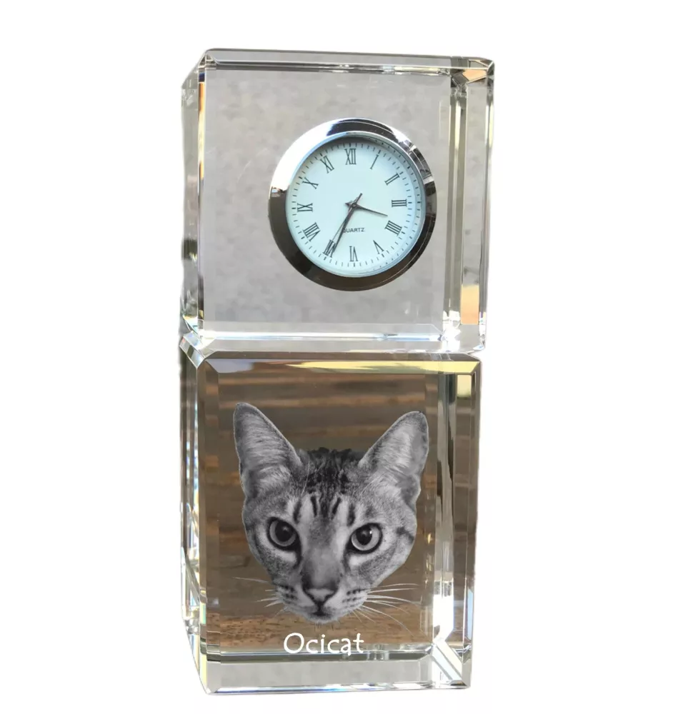 Ocicat - montre en cristal avec photo, photo de chat dans le cristal, horloge de bureau personnalisée de la marque Art-Dog