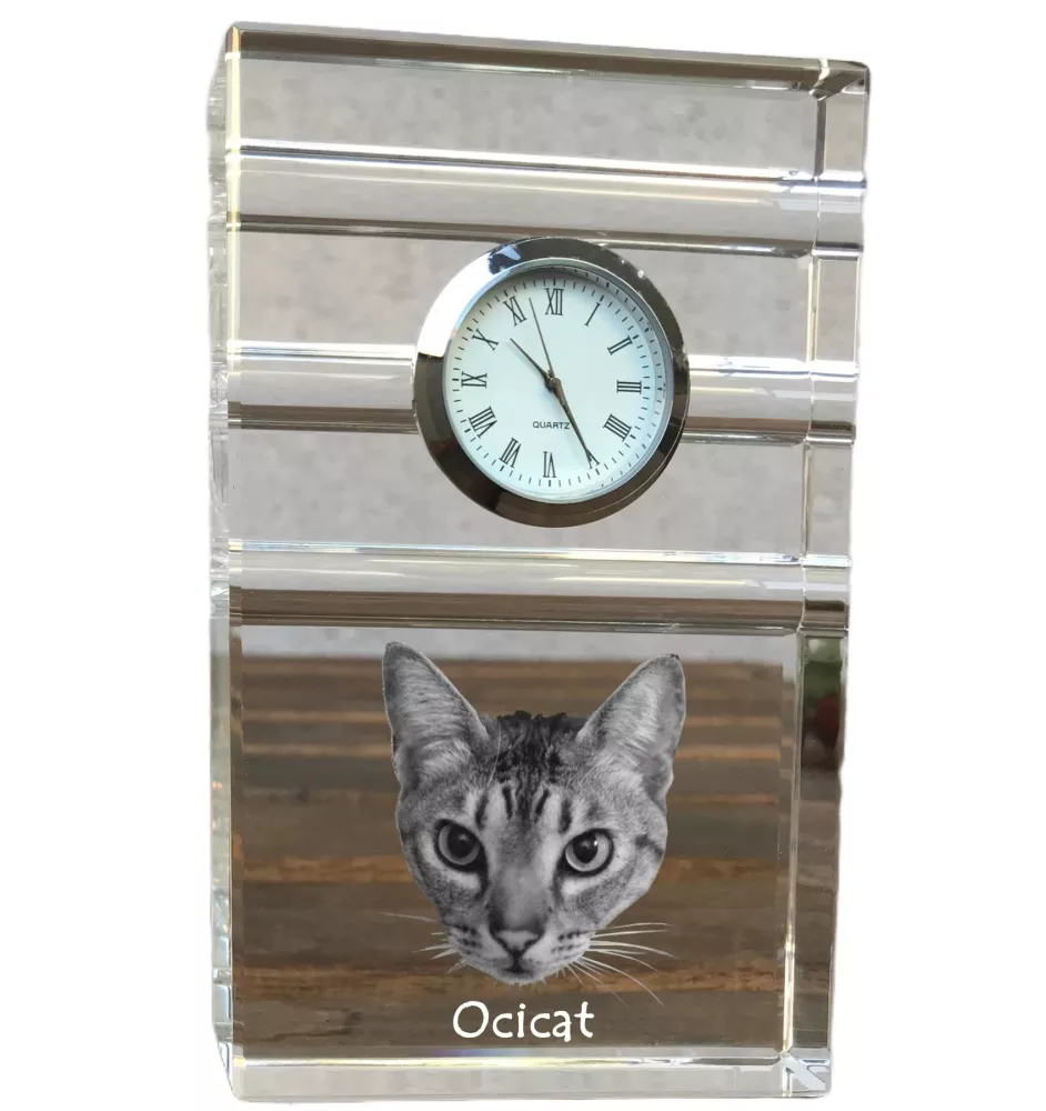 Ocicat - Glasuhr mit Foto, Katzenfoto im Kristall, personalisierte Standuhr für das Büro der Marke Art-Dog