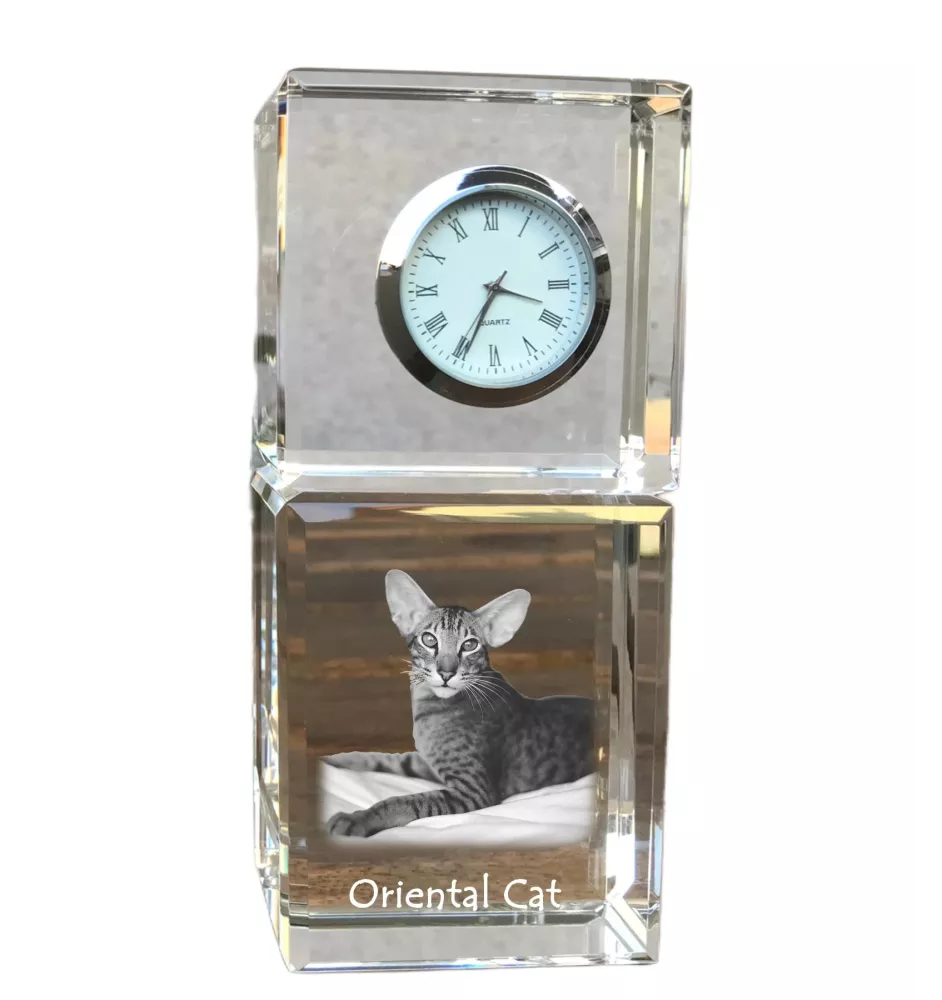 Oriental Cat - crystal clock with a photo, photo of a cat in crystal, personalized desk clock by Art-Dog brand