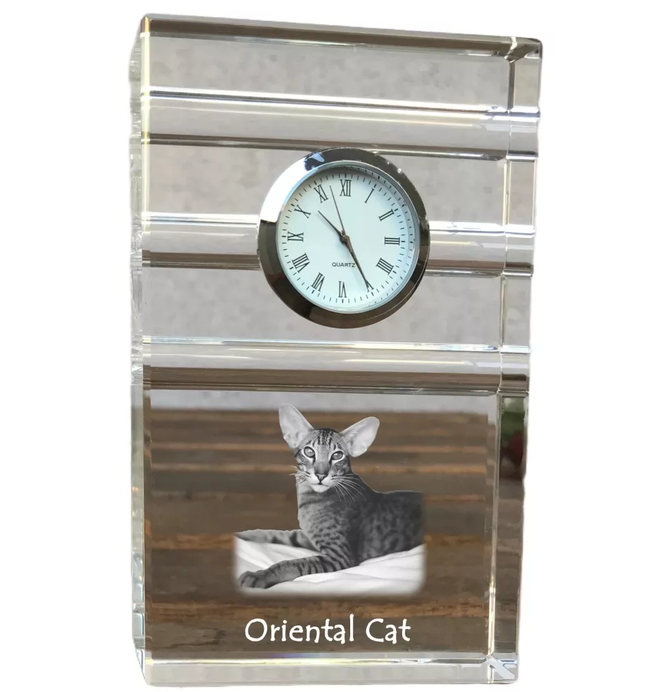 Oriental Cat - glass clock with a photo, photo of a cat in crystal, personalized standing office clock by Art-Dog brand