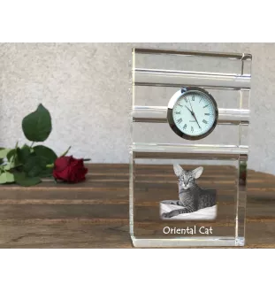 Oriental Cat - glass clock with a photo, photo of a cat in crystal, personalized standing office clock by Art-Dog brand