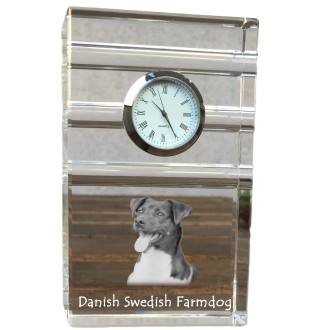 Dänisch-Schwedischer Farmhund, Dansk-Svensk Gårdshund - Glasuhr mit Foto, Foto eines Hundes im Kristall, personalisierte Tischuhr für das Büro der Marke Art-Dog