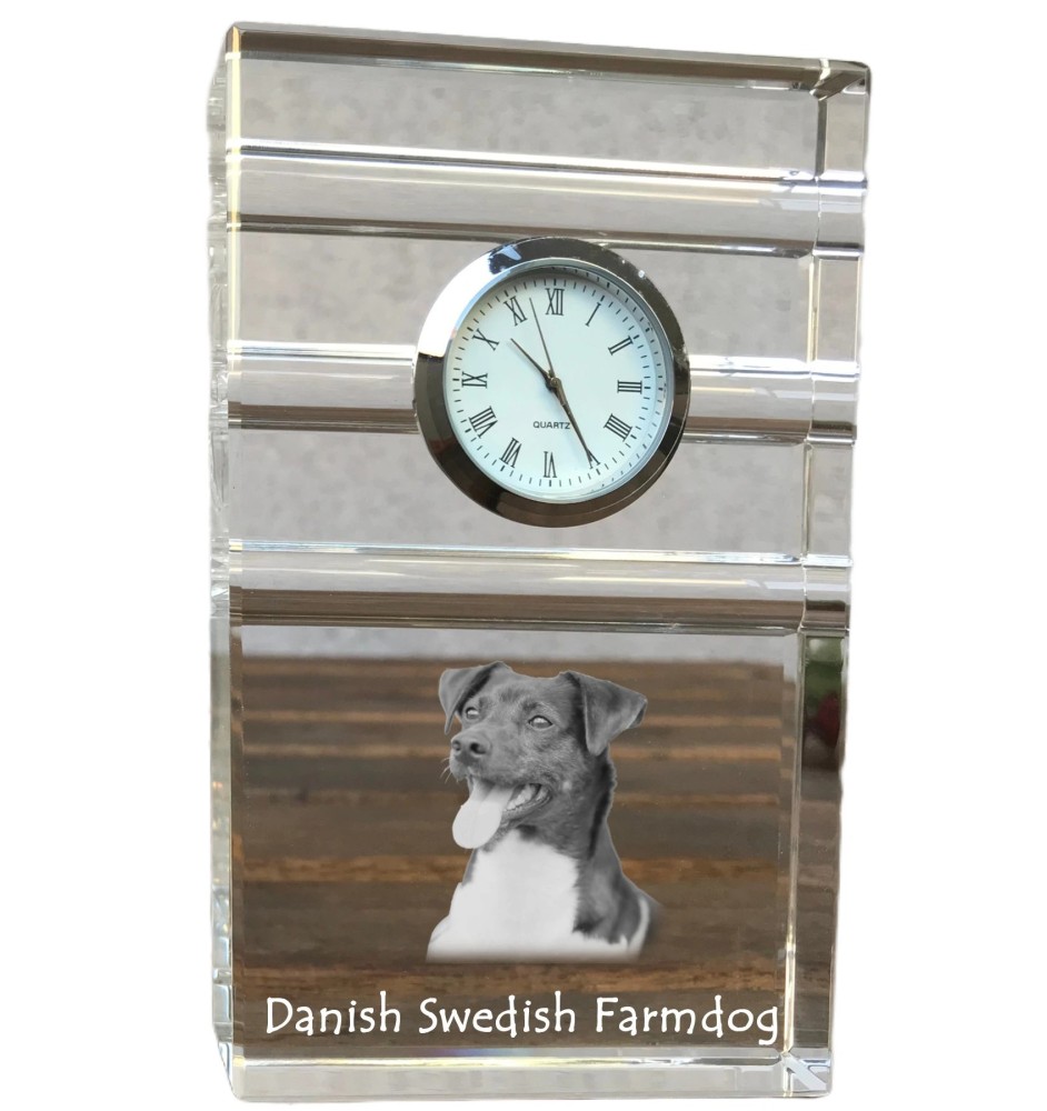 Dänisch-Schwedischer Farmhund, Dansk-Svensk Gårdshund - Glasuhr mit Foto, Foto eines Hundes im Kristall, personalisierte Tischuhr für das Büro der Marke Art-Dog