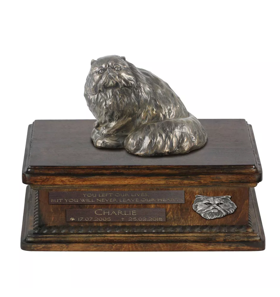 Persian Cat urn for cat ashes, personalized urn with a statuette, wooden urn with a cat by Art-Dog