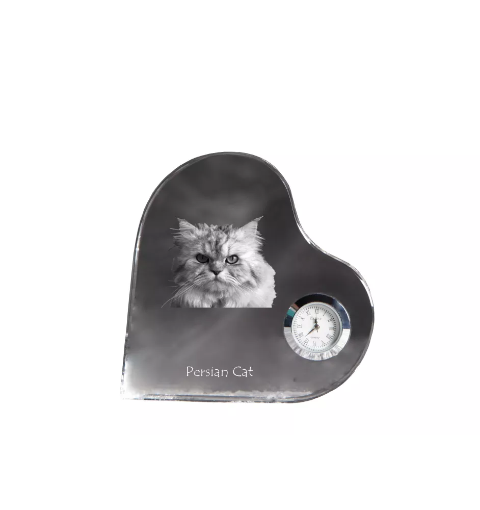 Persian Cat - crystal clock with a picture of a cat, heart-shaped shelf clock, personalized standing clock by Art-Dog brand