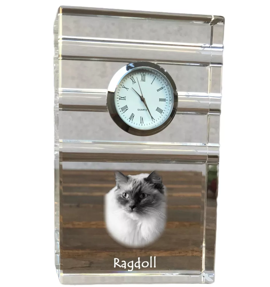 Ragdoll - une horloge en verre avec une photo, une photo de chat dans un cristal, une horloge de bureau personnalisée de la marque Art-Dog
