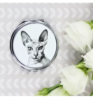 Peterbald - pocket mirror with a cat, personalized mirror for a purse, compact mirror with Art-Dog brand print