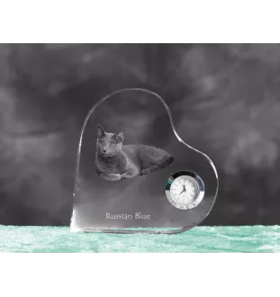 Russian Blue - crystal clock with a picture of a cat, heart-shaped shelf clock, personalized standing clock by Art-Dog brand
