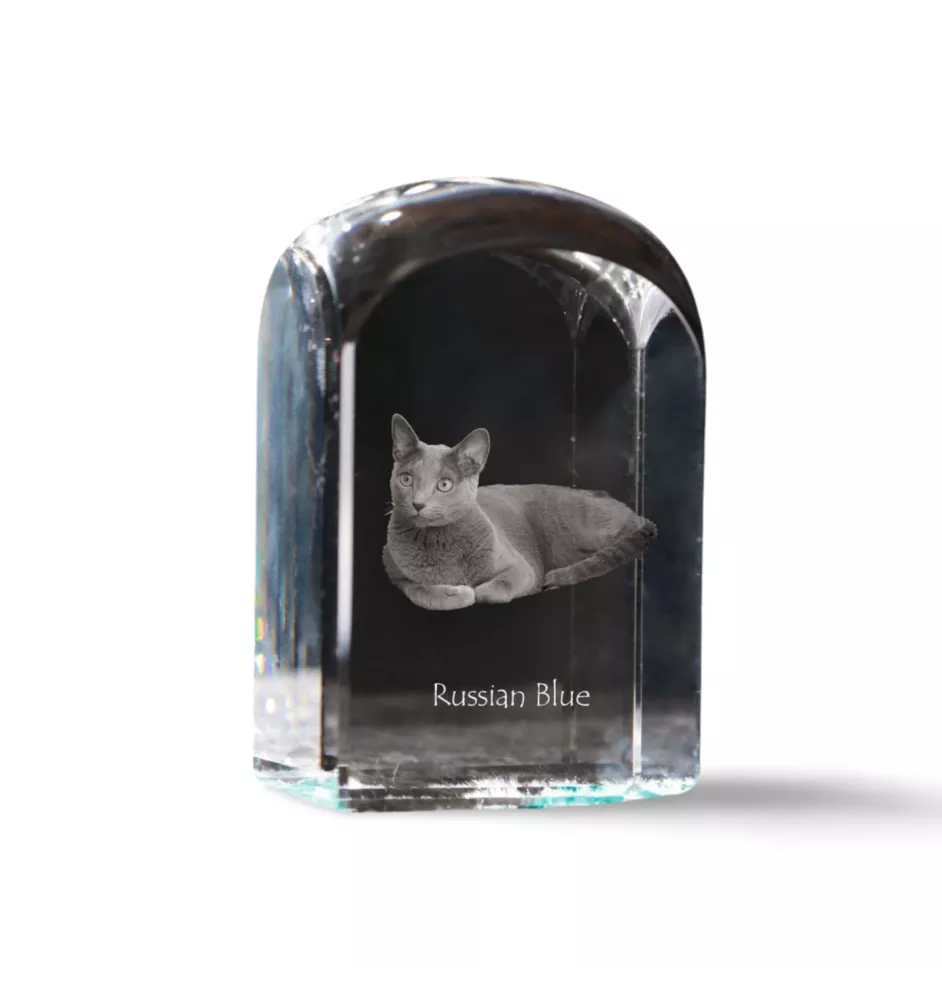 Bleu russe - un cube en cristal avec une photo, une photo de chat dans le cristal, un presse-papiers cubique de la marque Art-Dog