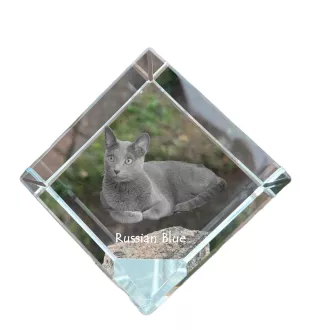 Russian Blue - crystal cube with a picture of a cat, crystal with a picture of a horse, cubic paperweight by Art-Dog brand