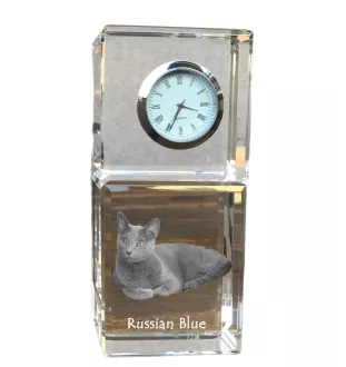 Bleu russe - montre en cristal avec photo, photo de chat dans le cristal, horloge de bureau personnalisée de la marque Art-Dog