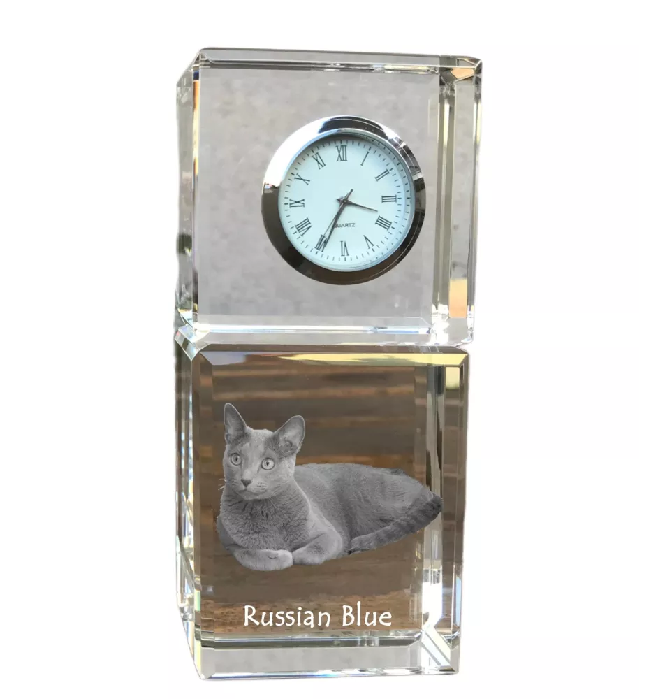 Bleu russe - montre en cristal avec photo, photo de chat dans le cristal, horloge de bureau personnalisée de la marque Art-Dog